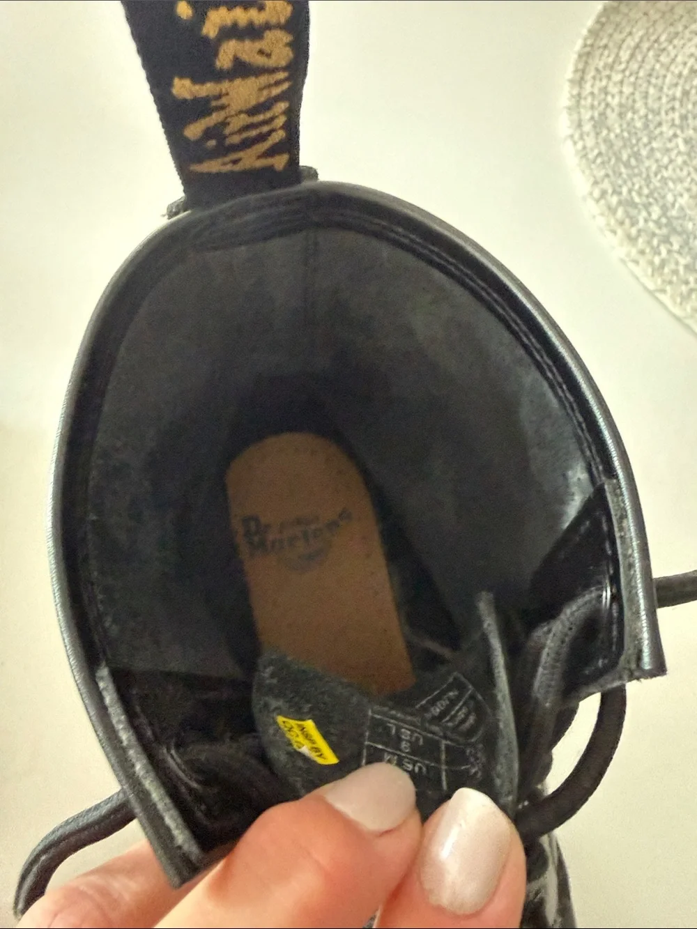 Dr. Martens Black Leather 8-Eye Lace-Up Boots with Yellow Stitching